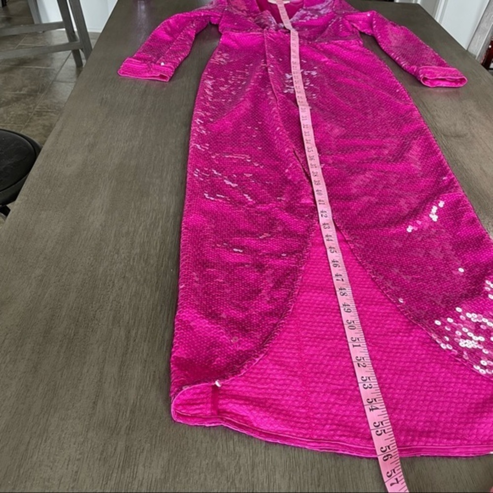 💛 Fleur Du Mal Designer Prom Pink Sequin Wrap Gown With Slit And Long Sleeves - Picture 14 of 15